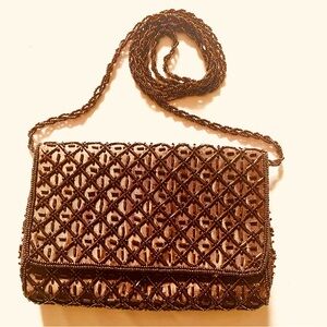 Vintage Carl Fellini Beaded Evening Purse Bag Bronze Metallic Braided